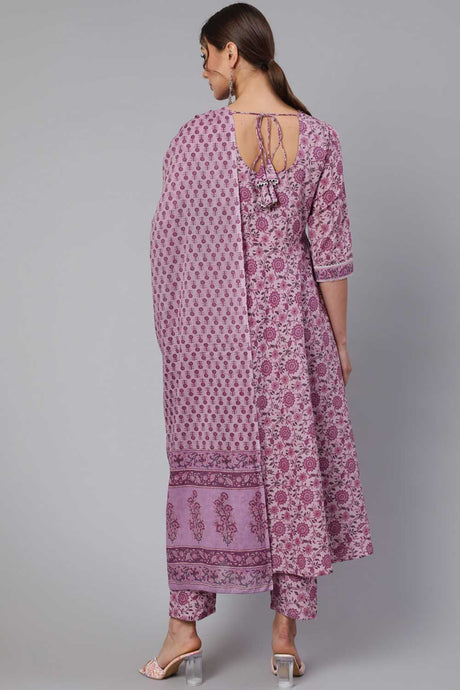 Buy Lavender Floral Printed Kurta With Palazzo And Dupatta Online - Back