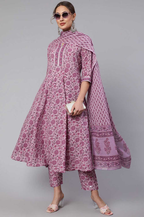 Buy Lavender Floral Printed Kurta With Palazzo And Dupatta Online