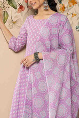 Buy Lavender Ethnic Printed Pant Suit Set Online - Front