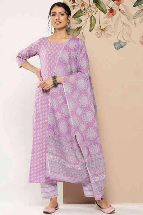 Buy Lavender Ethnic Printed Pant Suit Set Online - Back