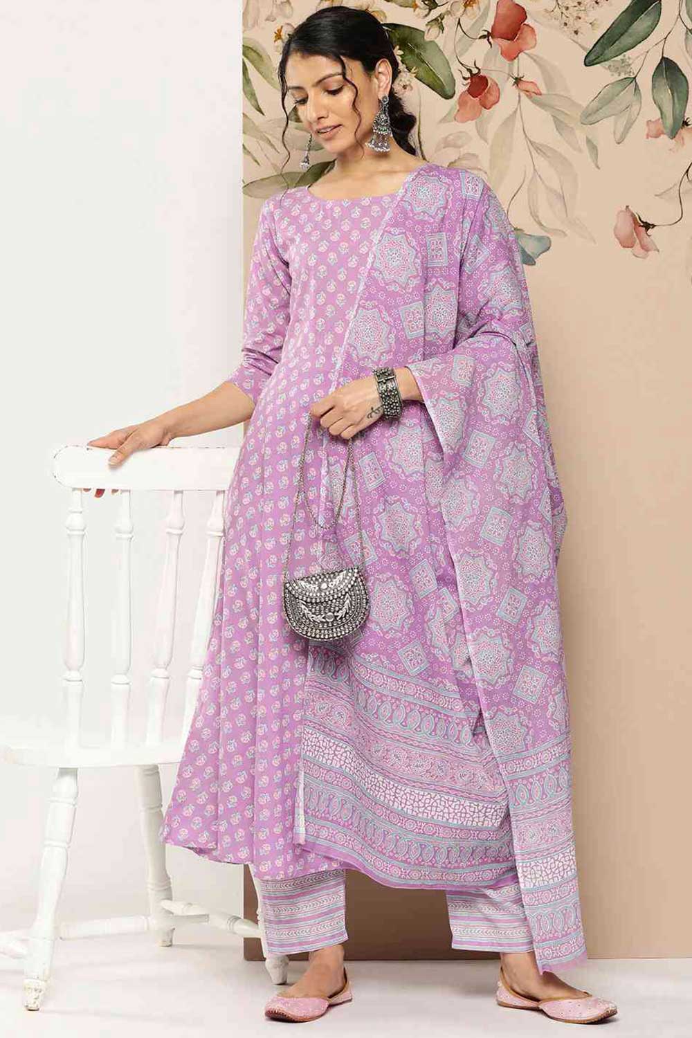 Buy Lavender Ethnic Printed Pant Suit Set Online