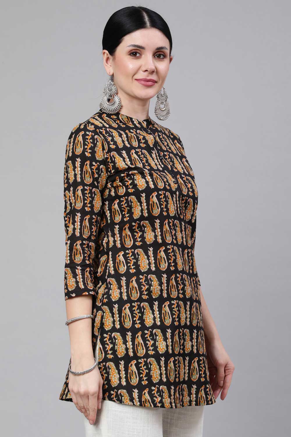 Buy Black Paisley Cotton Printed Straight Tunic Online - Side