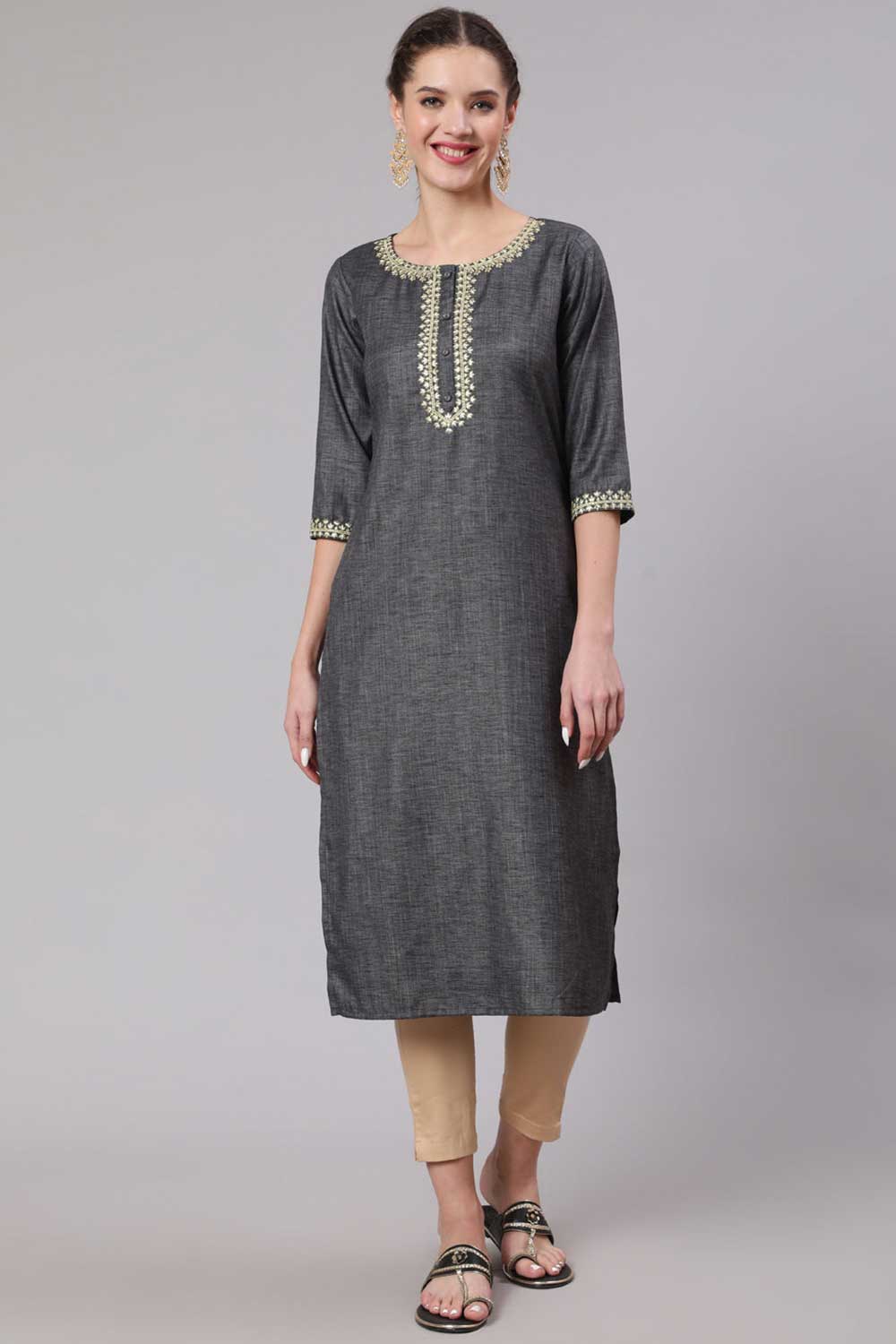 Buy Grey Cotton Embridered Straight Kurta Online - Back