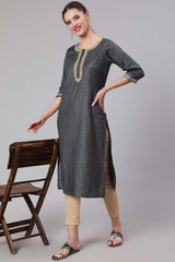 Buy Grey Cotton Embridered Straight Kurta Online