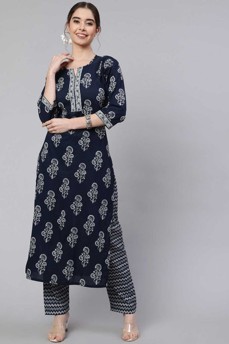 Buy Navy Blue Cotton Ethnic Printed Straight Kurta With Trouser Online - Back