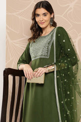 Buy Green Embroidered Straight Palazzo Suit Set Online - Back