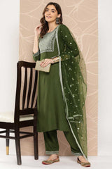 Buy Green Embroidered Straight Palazzo Suit Set Online