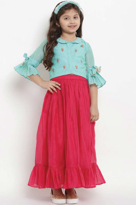 Buy Girl's Turquoise Blue And Pink Ready To Wear Lehenga With Blouse Online