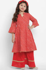 Buy Girl's Red And Off-White Striped Kurta With Palazzos Online