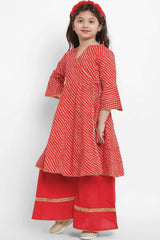 Buy Girl's Red And Off-White Striped Kurta With Palazzos Online - Back