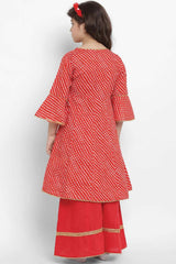 Buy Girl's Red And Off-White Striped Kurta With Palazzos Online - Front