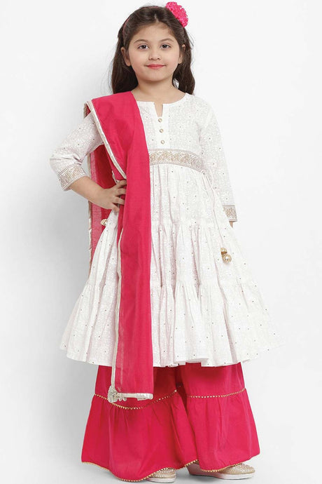 Buy Girl's White And Pink Printed Kurti With Palazzos And Dupatta Online