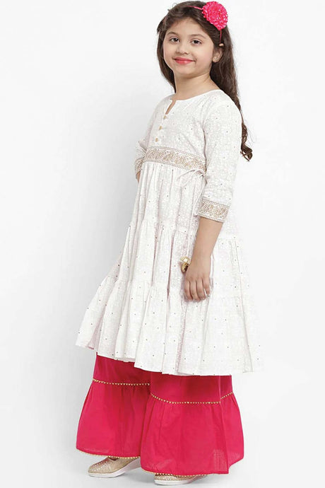 Buy Girl's White And Pink Printed Kurti With Palazzos And Dupatta Online - Back