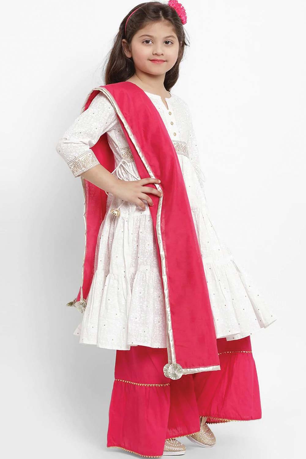 Buy Girl's White And Pink Printed Kurti With Palazzos And Dupatta Online - Front