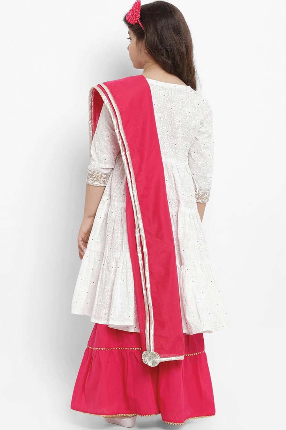 Buy Girl's White And Pink Printed Kurti With Palazzos And Dupatta Online - Side