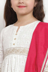 Buy Girl's White And Pink Printed Kurti With Palazzos And Dupatta Online - Zoom In