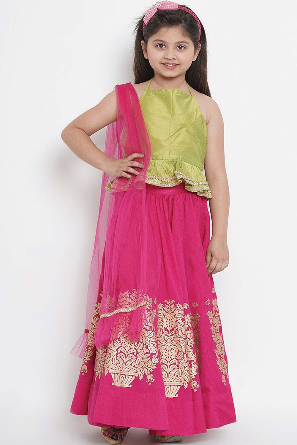 Buy Girl's Fuchsia And Green Solid Ready To Wear Lehenga And Blouse With Dupatta Online