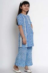 Buy Girl's Blue And White Striped Kurta With Palazzos Online - Front