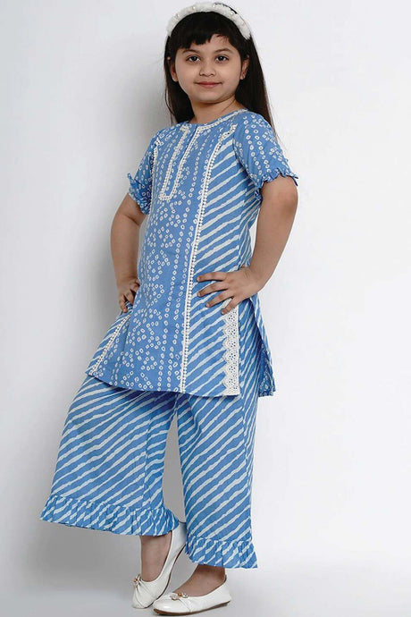 Buy Girl's Blue And White Striped Kurta With Palazzos Online - Back