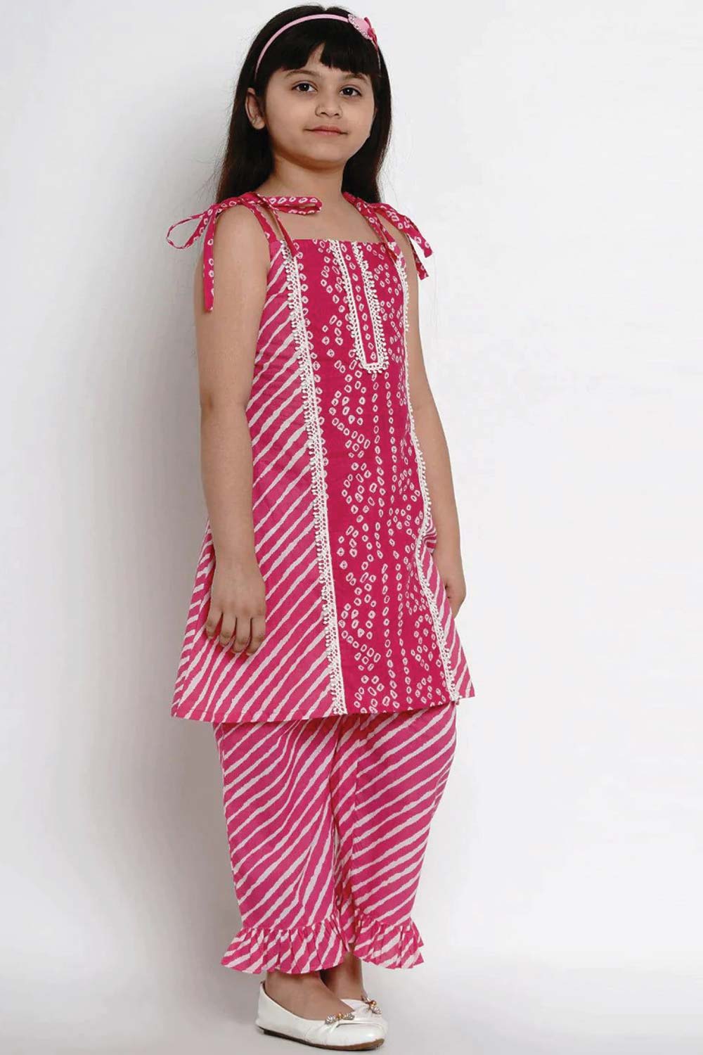 Buy Girl's Pink Striped Kurta With Palazzos Online - Front