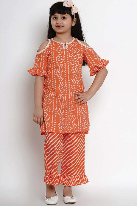 Buy Girl's Orange And White Dyed Kurta With Palazzos Online