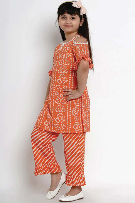 Buy Girl's Orange And White Dyed Kurta With Palazzos Online - Back