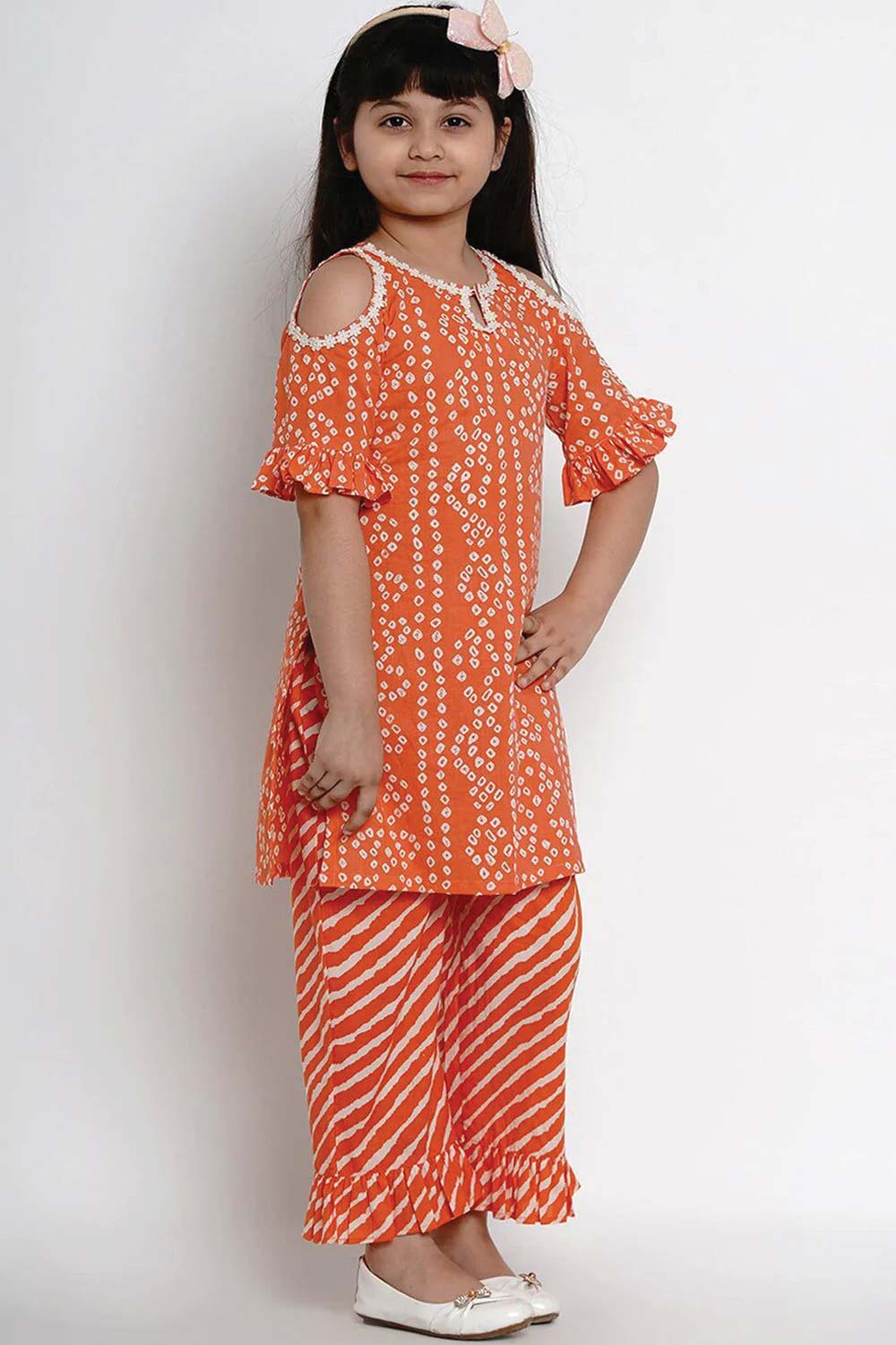 Buy Girl's Orange And White Dyed Kurta With Palazzos Online - Front