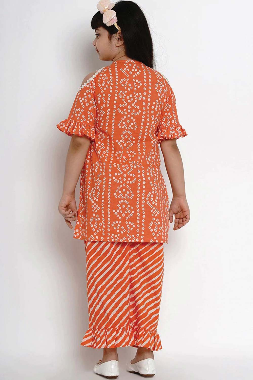 Buy Girl's Orange And White Dyed Kurta With Palazzos Online - Side