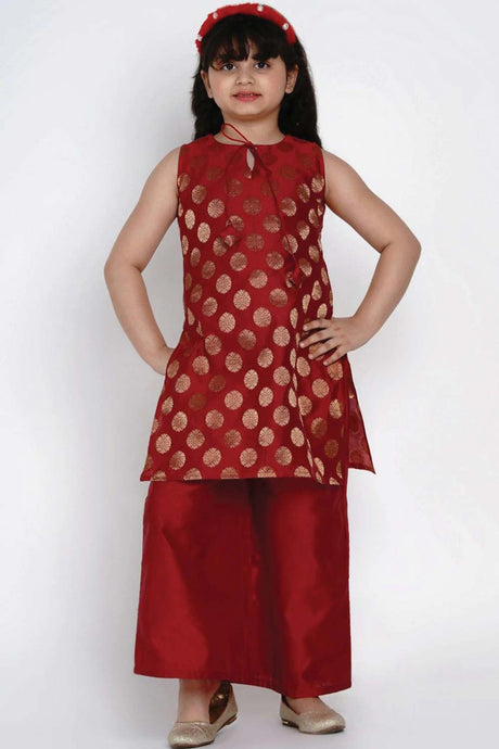 Buy Girl's Red And Gold-Coloured Printed Kurti With Palazzos Online