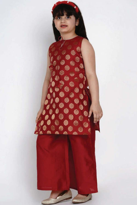 Buy Girl's Red And Gold-Coloured Printed Kurti With Palazzos Online - Back