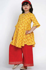 Buy Girl's Yellow And Red Printed Kurta With Palazzos Online - Back