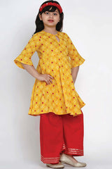 Buy Girl's Yellow And Red Printed Kurta With Palazzos Online - Front