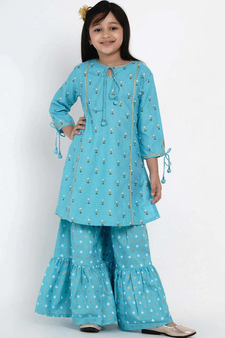 Buy Girl's Blue And White Printed Kurta With Sharara Online