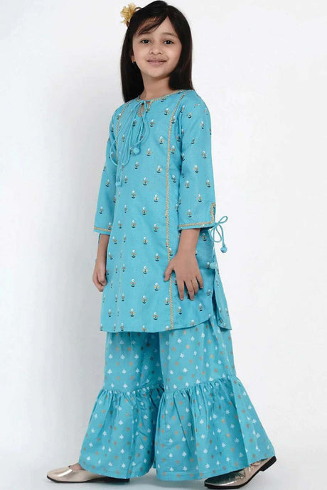 Buy Girl's Blue And White Printed Kurta With Sharara Online - Back