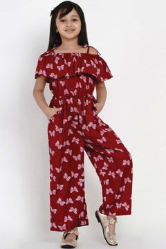 Buy Girl's Maroon And White Printed Basic Jumpsuit Online