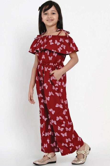 Buy Girl's Maroon And White Printed Basic Jumpsuit Online - Back