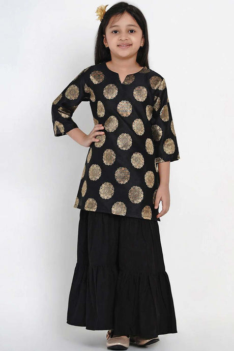 Buy Girl's Black And Gold-Toned Woven Design Kurta With Sharara Online