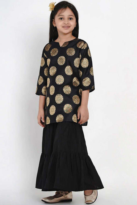 Buy Girl's Black And Gold-Toned Woven Design Kurta With Sharara Online - Back