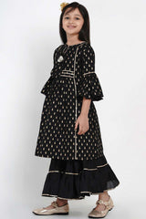 Buy Girl's Black Printed Kurta With Sharara And Dupatta Online