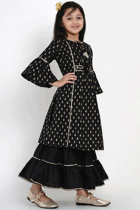 Buy Girl's Black Printed Kurta With Sharara And Dupatta Online - Back