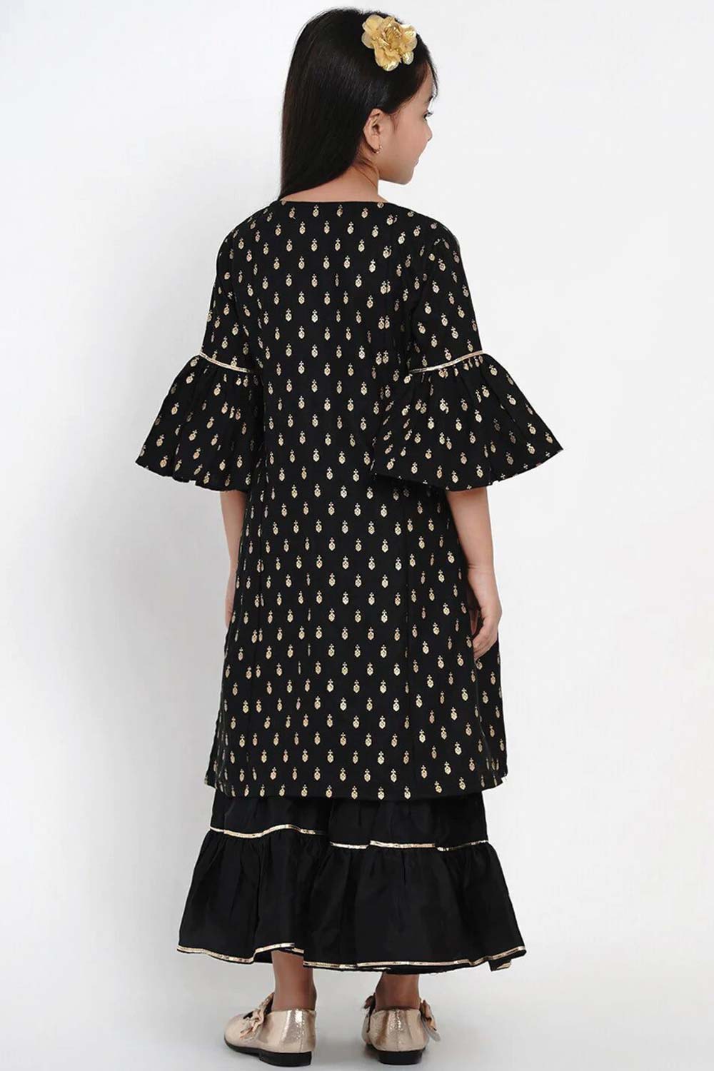 Buy Girl's Black Printed Kurta With Sharara And Dupatta Online - Front