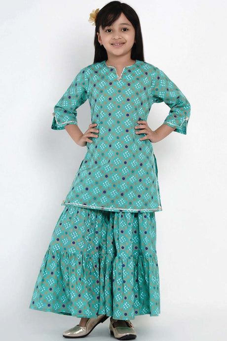 Buy Girl's Green And Blue Printed Kurti With Palazzos Online