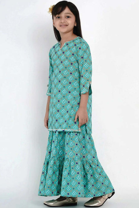 Buy Girl's Green And Blue Printed Kurti With Palazzos Online - Back