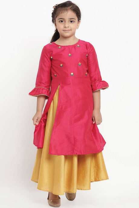 Buy Girl's Pink And Yellow Embroidered Kurta With Skirt Online
