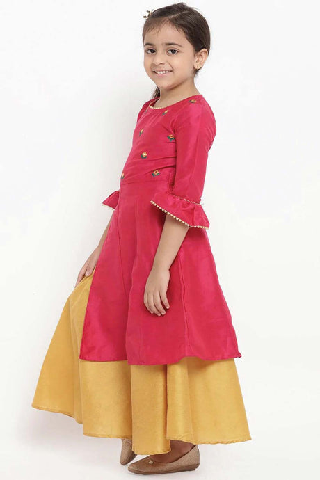 Buy Girl's Pink And Yellow Embroidered Kurta With Skirt Online - Back