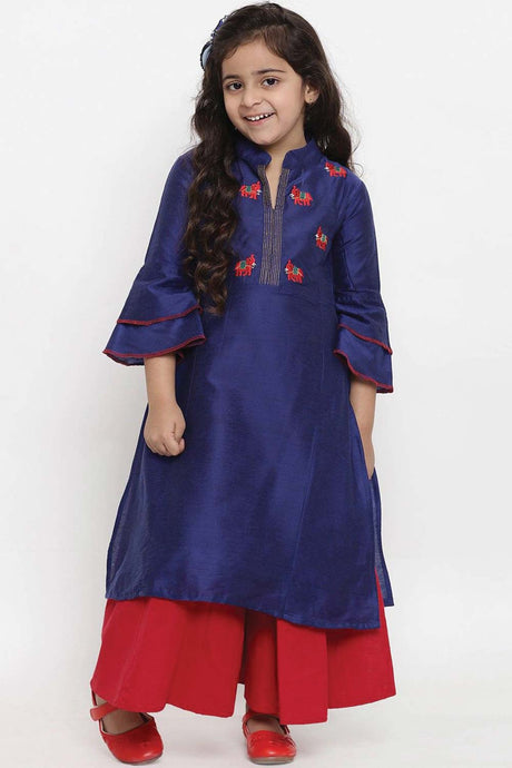Buy Girl's Blue Embroidered Kurti With Palazzos Online