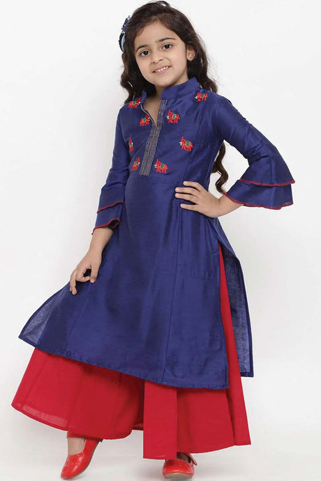 Buy Girl's Blue Embroidered Kurti With Palazzos Online - Back