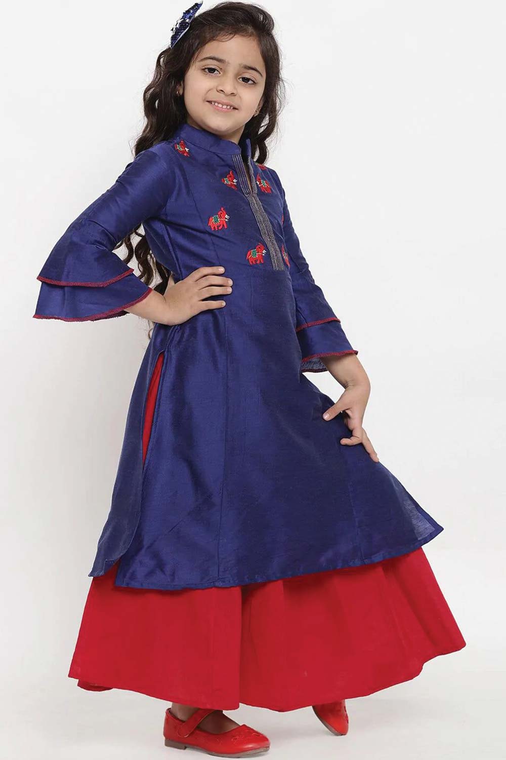 Buy Girl's Blue Embroidered Kurti With Palazzos Online - Front