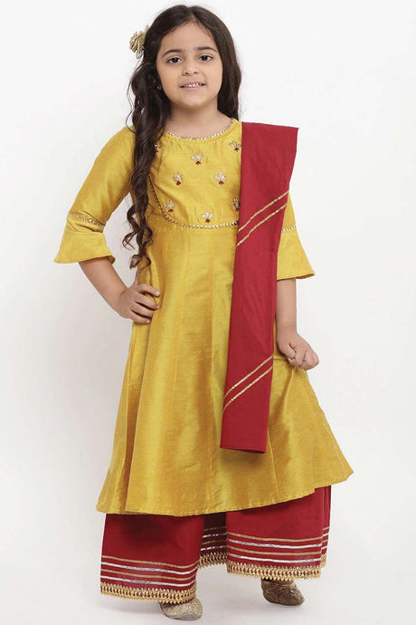 Buy Girl's Yellow And Embroidered Kurti With Palazzos And Dupatta Online