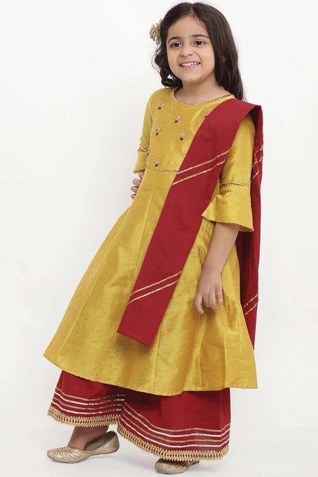 Buy Girl's Yellow And Embroidered Kurti With Palazzos And Dupatta Online - Back